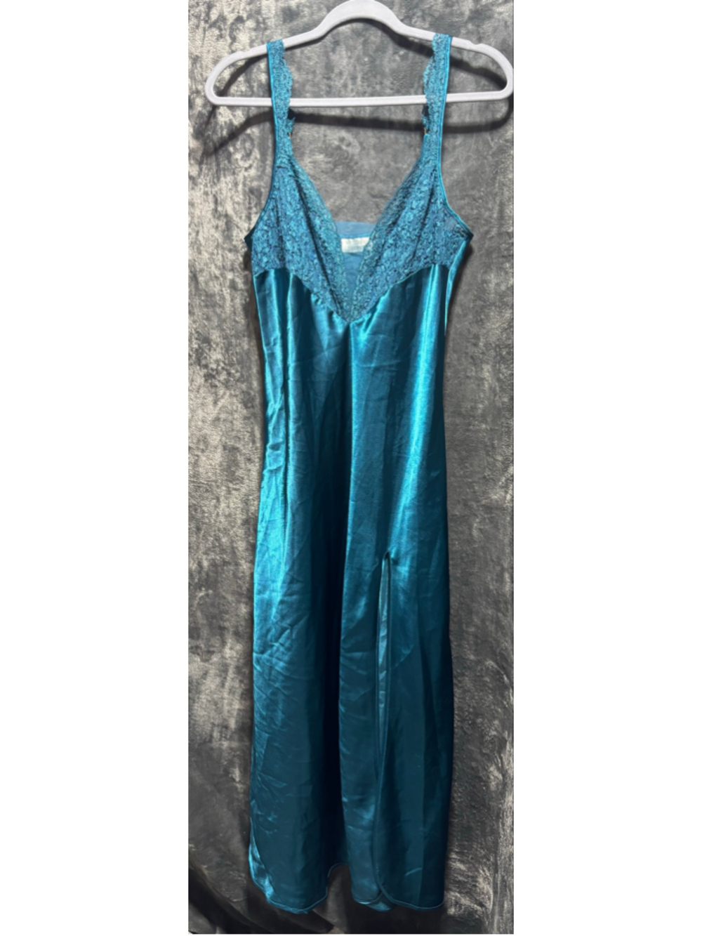 VTG Victoria's Secret Gold Label Teal Satin Lace Maxi Slip Dress Nightgown M EUC - Picture 1 of 14